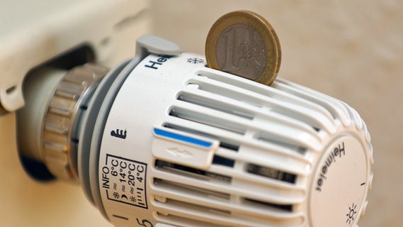 Eine Euro-Münze steht auf dem Thermostatventil einer Heizung. © pressefoto_korb Foto: Micha Korb
