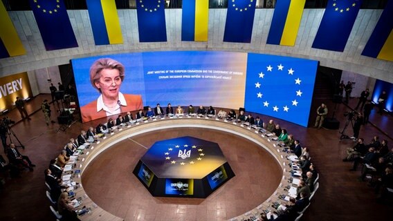 Die Präsidentin der EU-Kommission, Ursula von der Leyen, ist auf einem Bildschirm während des EU-Ukraine-Gipfels in Kiew zu sehen, die Teilnehmer sitzen an einem runden Tisch davor. © Uncredited/Ukrainian Presidential Press Office/AP/dpa 