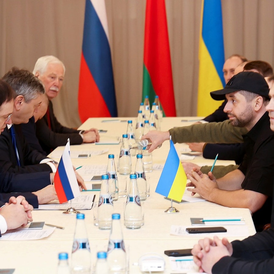 Vertreter der russischen und der ukrainischen Regierung sitzen an einem Tisch © picture alliance / ASSOCIATED PRESS | Sergei Kholodilin Foto:  Sergei Kholodilin