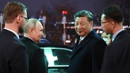 Chinas Staatspräsident Xi Jinping und Russlands Präsident Putin verlassen den Kreml-Palast nach einem gemeinsamen Abendessen. © Associated Press Foto: Grigory Sysoyev