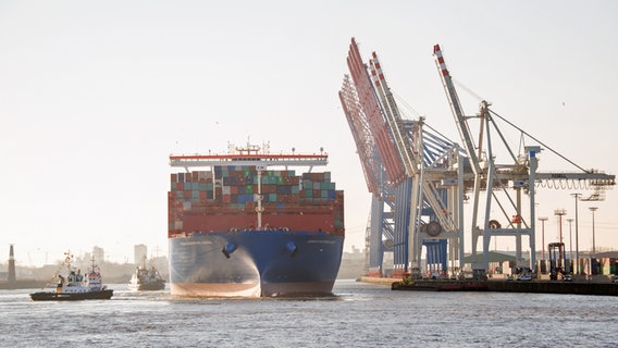 Das Containerschiff "Cosco Shipping Aries" läuft in den Hamburger Hafen ein und legt am Terminal "Tollerort" an. © dpa Foto: Daniel Bockwoldt