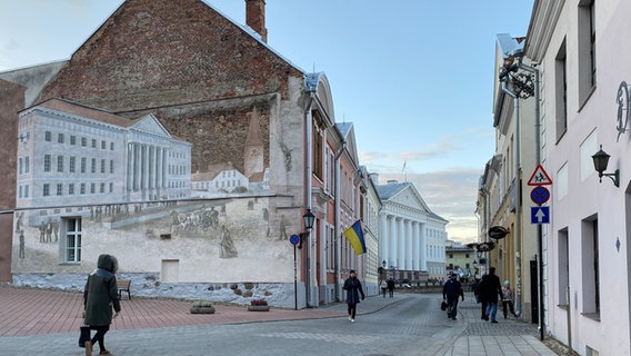 Eine Wandgemälde (links) in der Universitätsstraße zeigt das nicht weit entfernt gelegene Hauptgebäude der Universität Tartu. © picture alliance Foto: Alexander Welscher