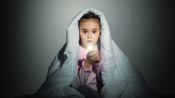 Ein Mädchen sitzt unter einer Decke und hält eine Taschenlampe in der Hand © IMAGO / YAY Images 