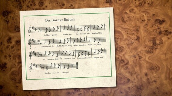 Noten zum Singspiel "Die Goldne Brücke", eine Illustration aus dem Buch "Wilhelms Reise - eine Auswanderergeschichte" von Anke Bär. © Gerstenberg Verlag 