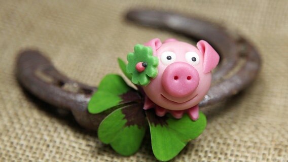 Ein Glückschweinchen aus Marzipan mit Hufeisen liegt auf einem Tisch. © fotolia.com Foto: Jeanette Dietl
