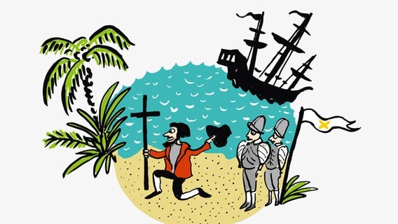 Eine Zeichnung zeigt Christoph Kolumbus an einem Palmenstrand © NDR Foto: Antje von Stemm