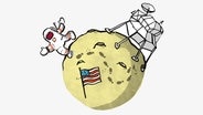 Karikaturhafte Zeichnung zeigt die erste Landung auf dem Mond © NDR Foto: Antje von Stemm
