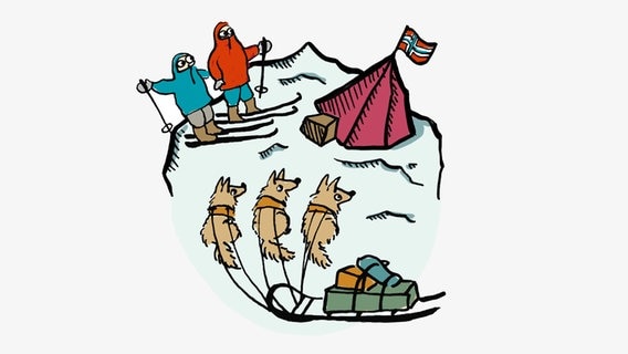 Eine Zeichnung zeigt Schlittenhunde, zwei Leute auf Skiern und eine norwegische Flagge auf einem Zelt © NDR Foto: Antje von Stemm