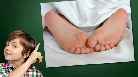 Ein Junge mit gehobenem Zeigefinger steht vor einer Tafel, an der ein Foto haftet: Füße © Fotolia.com Foto: Junge vor Tafel: photophonie, Foto: fothoss