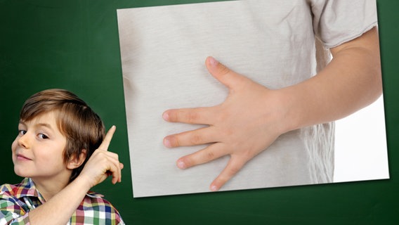 Ein Junge mit gehobenem Zeigefinger steht vor einer Tafel, an der ein Foto haftet: Magenknurren © Fotolia.com Foto: Junge vor Tafel: photophonie, Foto: Dave_Pot