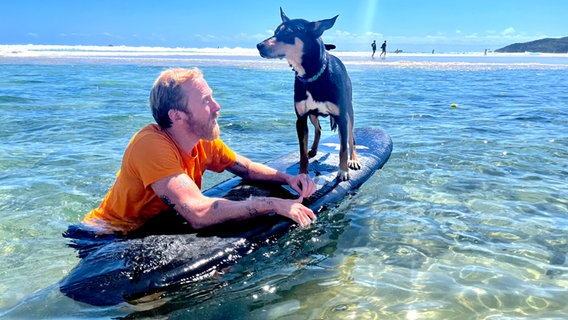 Ein Mann in Australien mit orangefarbenem T-Shirt hält im Wasser ein Surfbrett, darauf steht ein Hund - (Byron Bay in Australien) © NDR Foto: Franziska Amler