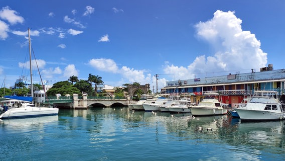 Boote und ein Katamaran liegen am Careenage in Bridgetown in Barbados © NDR Foto: Isa Hoffinger