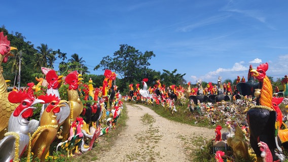 Bunte Hahnenfiguren auf einem thailändischen Friedhof © NDR Foto: Isa Hoffinger