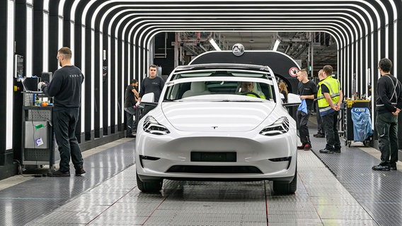 Mitarbeiter bei der Endkontrolle der Produktion von Elektrofahrzeugen im Tesla-Werk in Berlin-Brandenburg. © dpa bildfunk Foto: Patrick Pleul