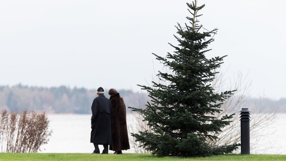 Zwei Spaziergänger gehen hinter einem Weihnachtsbaum am Ufer des Zwischenahner Meeres. © dpa-Bildfunk Foto: Mohssen Assanimoghaddam