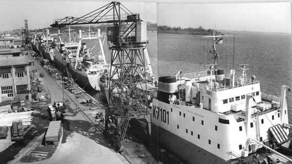 Das Fang- und Gefrierschiff "Atlantik" am Ausrüstungskai der Volkswerft Stralsund am 18. Mai 1967. (Bundesarchiv, Bild 183-F0518-0205-001 / CC-BY-SA) © Bundesarchiv, Bild 183-F0518-0205-001 / CC-BY-SA Foto: Ulrich Kohls