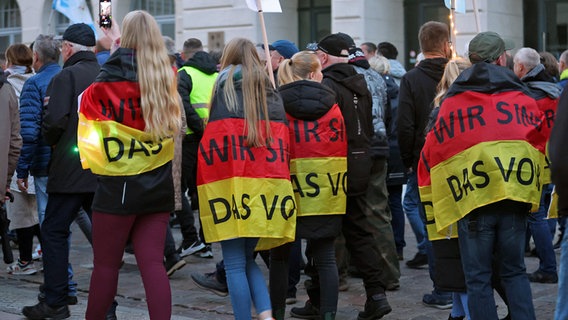 Eine Demonstration gegen die Energiepolitik startet vor dem Schweriner Schloss, Teilnehmer haben Deutschlandfahnen mit der Aufschrift "Wir sind das Volk" umgehängt. © dpa Foto: Bernd Wüstneck