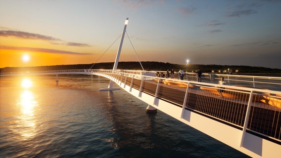 Brücke zwischen Rügen und Hiddensee mit Personen im Sonnenuntergang © André Keipke 