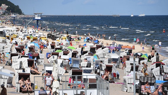 Touristen nutzen das hochsommerliche Wetter am Strand auf der Insel Usedom zum Sonnen und Baden. © dpa-Bildfunk Foto: Stefan Sauer
