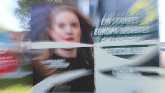 Ein beschädigtes Wahlplakat für den EU-Wahlkampf in MV im Vorbeifahren fotografiert. © IMAGO / BildFunkMV Foto: IMAGO / BildFunkMV