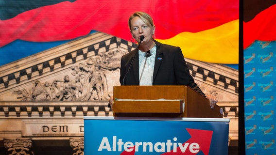 Dana Guth hält eine Rede vor einer Kulisse aus AfD-Schriftzügen, deutscher Flagge und Reichstagsgebäude © dpa Picture Alliance Foto: Philipp Schulze