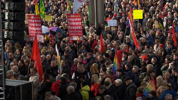 Auf einer Demo in Wolfsburg halten Menschen Fahnen und Plakate. © NDR 