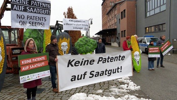 In Einbeck demonstrieren Menschen gegen die Patentierung von Saatgut anlässlich der Jahreshauptversammlung des Unternehmens KWS. © NDR 
