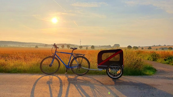 Ein Fahrrad steht mit einem Anhänger vor einem Feld. © NDR Foto: Maria Denecke