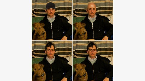 Eine Bildkombo zeigt ein Fahndungsfoto des Ex-RAF-Terroristen Burkhard Garweg, sowie bearbeitete Versionen mit Brille, Glatze und Mütze. © Landeskriminalamt Niedersachsen 