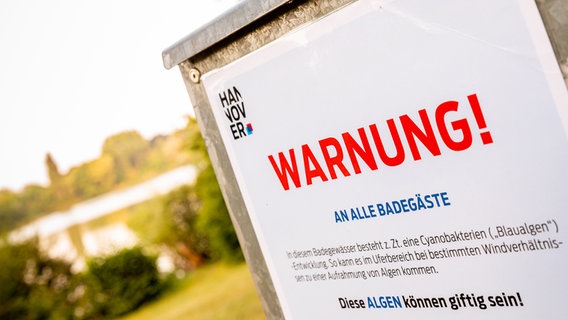 Ein Schild warnt vor Blaualgen in einem Teich bei Ricklingen. © dpa-Bildfunk Foto: Moritz Frankenberg