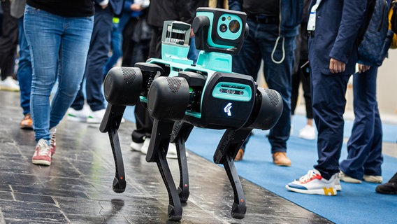Ein Roboterhund geht bei der Hannover Messe 2024 durch eine Halle. © dpa-Bildfunk Foto: Moritz Frankenberg