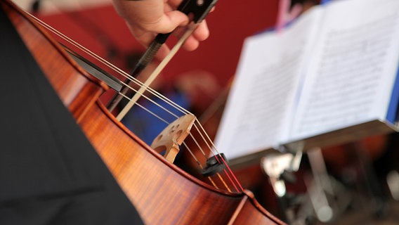 Eine Violoncello mit Geigenbogen aus der Nähe © NDR Foto: Felix Meschede