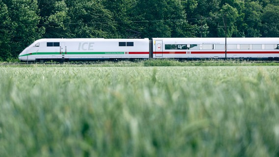 Ein ICE der Deutschen Bahn fährt neben einem Feld. © picture alliance/Jochen Eckel | Jochen Eckel Foto: Jochen Eckel