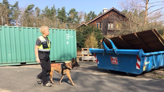 Eine Polizisten geht mit einem Hund an Containern vorbei. Eine Polizisten geht mit einem Hund an Containern vorbei. © Björn Ahrend Foto: Björn Ahrend