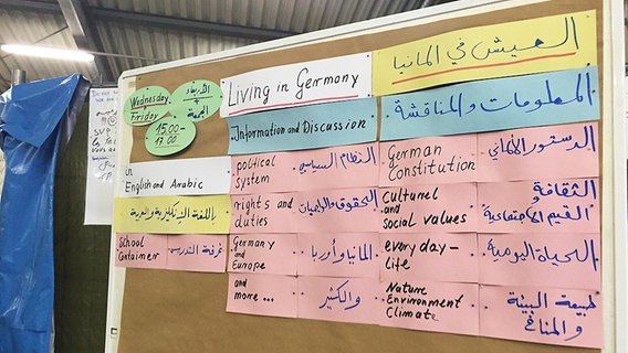 Informationen zum Leben in Deutschland hängen auf Englisch uind Arabisch in einer Flüchtlingsunterkunft in Celle aus. © NDR Foto: Bertil Starke