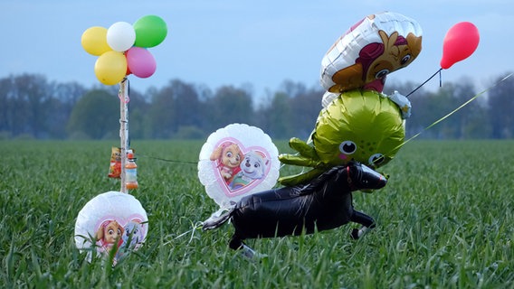 Einsatzkräfte haben auf der Suche nach einem Sechsjährigen auf einem Feld in Bremervörde Heliumballons mit Süßigkeiten und Wildkameras aufgebaut. © Markus Hibbeler / dpa Foto: Markus Hibbeler
