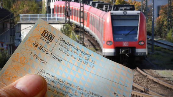 Eine Fotomontage zeigt das 49-Euro-Ticket vor einer S-Bahn. © picture alliance / SvenSimon | Frank Hoermann Foto: Frank Hoermann