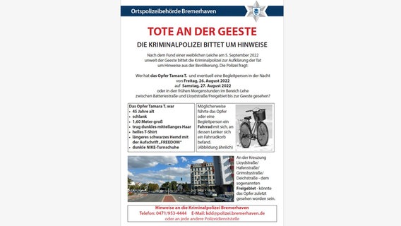 Mit einem Plakat sucht die Polizei nach Hinweisen zu einem Tötungsdelikt. © Polizei Bremerhaven 