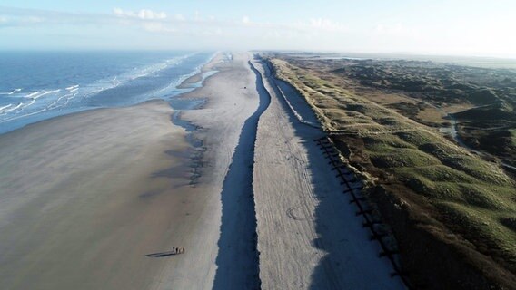 Eine deutliche, etwa 500 Meter lange Abbruchkante hat sich nach den vergangenen Sturmfluten am Strand von Langeoog vor den Dünen des sogenannten Pirolatals gebildet (Luftaufnahme mit einer Drohne). © picture alliance/dpa/NLWKN Foto: NLWKN/dpa