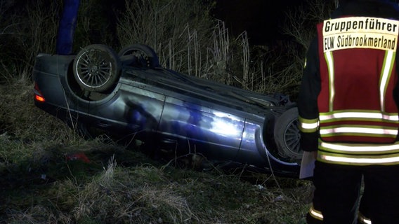 Ein Pkw liegt nach einem Unfall auf dem Dach. © NonstopNews 