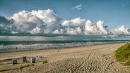 Auf Norderney sind über der Nordsee Wolken zu sehen, im Vordergrund vereinzelt Strandkörbe. © NDR Foto: Joachim Trettin