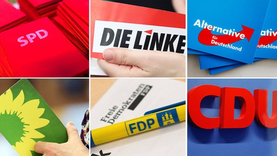 Eine Foto-Collage zeigt Logos der Parteien SPD, Die Linke, Alternative für Deutschland, Bündnis 90/Die Grünen, FDP und CDU. © NDR/dpa Foto: Michael Kappeler, Markus Scholz
