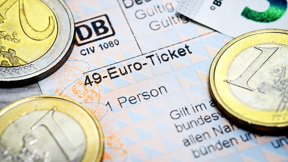 Fahrschein mit Aufschrift 49-Euro-Ticket und Euromünzen. © picture alliance / CHROMORANGE Foto: Christian Ohde