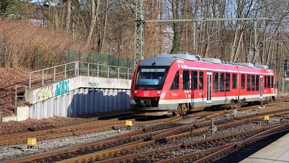 Ein Zug der Regionalbahn fährt bei sonnigem Wetter nach Husum. © NDR Foto: Pavel Stoyan