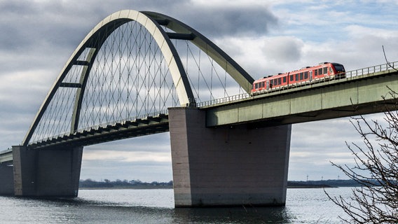 Eine Regionalbahn fährt über die Fehmarnsundbrücke. © picture alliance/dpa Foto: Frank Molter
