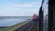 Blick aus dem Zugfenster einer Dampflok: Auf dem benachbarten Gleis ist eine rote Diesellok zu sehen. © NDR Foto: Lukas Knauer