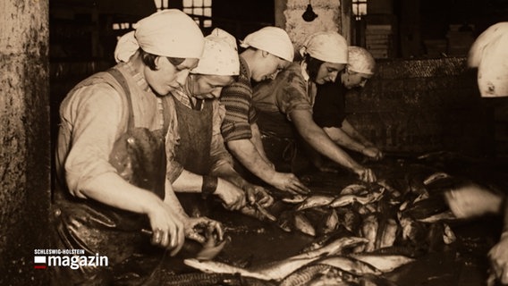 Auf einer Fotografie von Fide Struck aus den 1930er sind Menschen zu sehen die Fisch verarbeiten. © NDR 