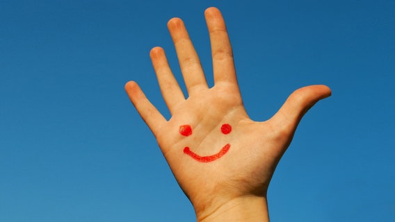 Handfläche mit rotem Smiley vor blauem Hintergrund © Colourbox Foto: -