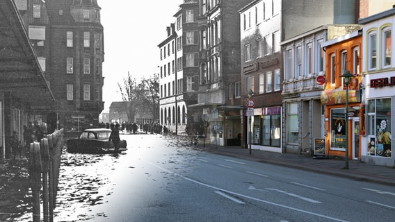 Eine Fotomontage zeigt den Vergleich der Holstenstraße in Elmshorn 1962 und heute. © Stadtarchiv Elmshorn / NDR Foto: Ernst Gerhard Scholz / Corinna Below