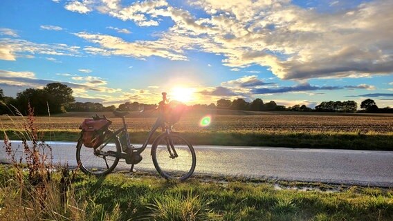 Ein Fahrrad mit Fahrradtasche steht auf einem geteerten Weg. Im Vordergrund links sind hohe Gräser am Straßenrand zu sehen. Im Hintergrund ein weites Feld erleuchet von der Sonne. © Wiebke Ahrens Foto: Wiebke Ahrens